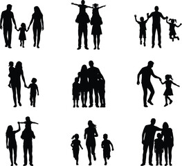 Family silhouettes, parents and children, walking, playing, running, bonding, black vector, love, care, affection, unity, lifestyle, parenting, interaction