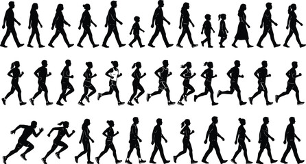 Human movement silhouette set, walking jogging sprinting vector, black flat icons, editable CAD drawing flat vector illustration for design