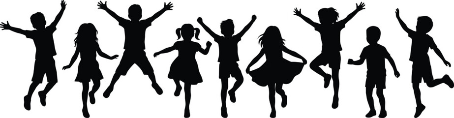 Jumping children silhouette set, playful kids vector, black flat icons, joyful movement, editable CAD drawing flat vector illustration
