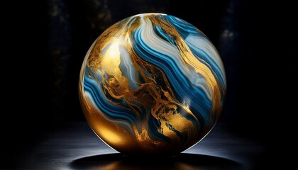a gold and blue marble sphere on a black background