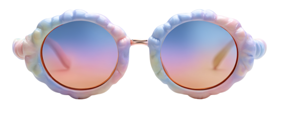 Bubble style sunglasses with a soft, puffy frame in pastel colors. They sit on a transparent background, ideal for showcasing fashion items