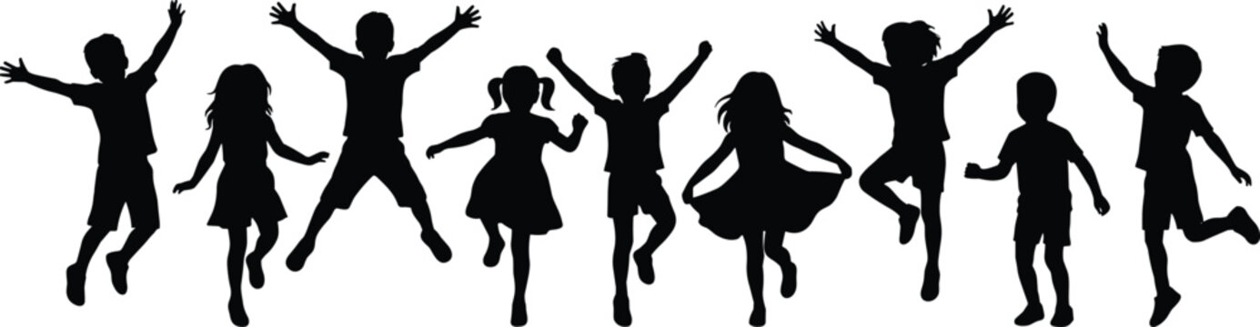 Jumping children silhouette set, playful kids vector, black flat icons, joyful movement, editable CAD drawing flat vector illustration