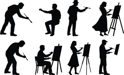 Obraz premium Painting people silhouette set, artist pose vector, black flat icons, creative moment, CAD drawing flat vector illustration