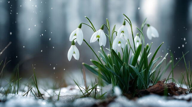 Snowdrops in snowy forest, spring background with copy space