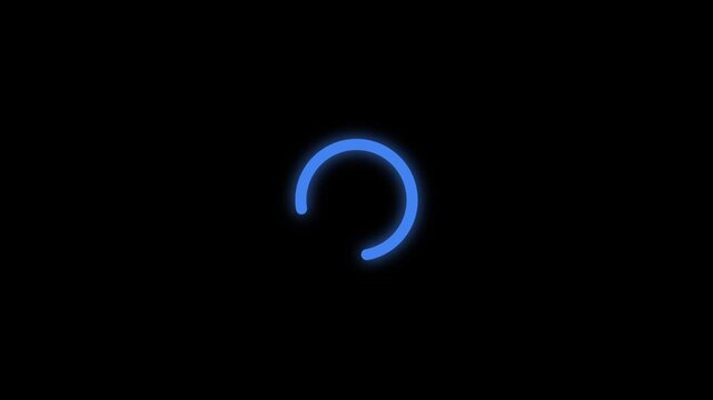 Blue neon glowing loading circle animation on black background, neon segmented circle progress on black