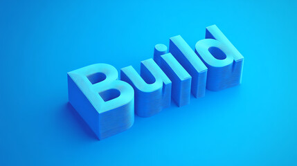 A striking blue word art piece featuring the word "Build" constructed with a layered effect, creating a modern, three-dimensional visual statement on a solid blue background.