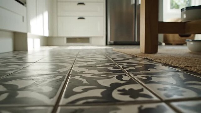Low angle shot of the patterned kitchen floor tiles.