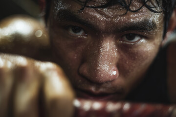 Southeast Asian boxer recovering against the ropes after an intense round. Sweaty, gritty, and emotionally charged moment. Close-up of asian boxer, resting in the ropes, during a boxing game.