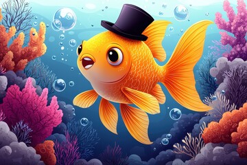 Cheerful goldfish wearing top hat swimming among colorful coral reefs and bubbles in vibrant underwater scene