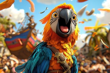 Colorful pirate parrot with vibrant feathers on tropical island festival, lively birds and palm trees in festive adventure setting