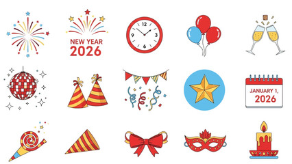 New Year 2026 Celebration Icons with Party Elements - part 3