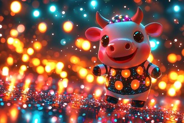 Cute smiling cow toy in colorful lights, festive decorative background, playful holiday concept, whimsical design for celebrations