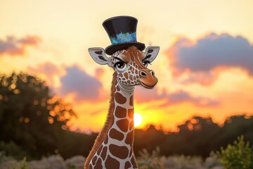 Charming giraffe with top hat at sunset in nature, whimsical animal portrait, playful wildlife character, fantasy safari scene