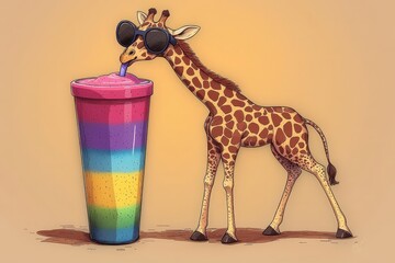 Giraffe wearing sunglasses enjoying rainbow smoothie in colorful cup on beige background