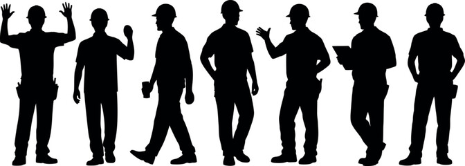 Silhouettes of construction workers in various poses and actions