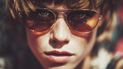Amber aviator sunglasses frame a freckled face in sharp sunlight. Intense, guarded gaze, glossy lips, and rich texture evoke retro style, privacy, and modern urban confidence