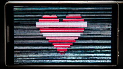 Pixelated heart on a digital screen with glitch effects, symbolizing emotional breakdown in tech-driven relationships