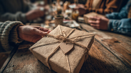 Handmade present in burlap with twine and a wooden heart tag, held during a cozy gathering; warm tones, natural textures, and a communal scene evoke eco-friendly, personalized gifting