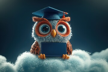 Adorable owl wearing graduation cap sitting on fluffy cloud holding blank chalkboard for academic achievement and learning concept