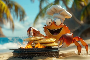 Cheerful crab chef cooking pancakes on tropical beach with palm trees and sunny ocean background