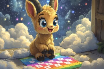 Adorable baby goat with big eyes sitting on colorful blanket surrounded by clouds and night sky stars in a whimsical fantasy scene