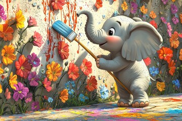 Adorable baby elephant painting colorful wall murals with brush surrounded by vibrant flowers in a whimsical garden scene