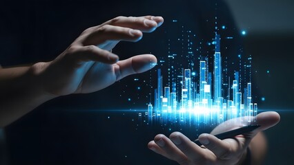 Hands presenting glowing digital graph with futuristic interface