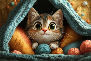 Adorable kitten with big eyes nestled in cozy yarn blankets and colorful cushions in a playful, warm setting