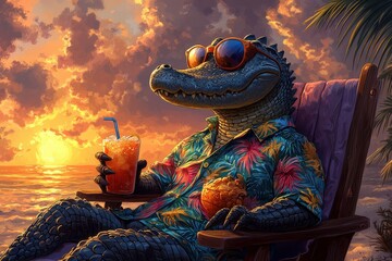 Alligator relaxing at tropical beach sunset wearing hawaiian shirt and sunglasses sipping cold drink in paradise