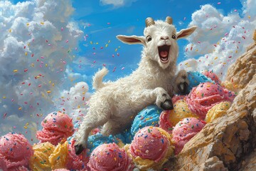 Joyful baby goat leaping among colorful ice cream scoops under a bright blue sky with whipped clouds and rainbow sprinkles