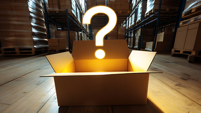 Conceptual stock image showing an open cardboard box in a warehouse with a question mark above, symbolizing mystery, unknown contents, or missing inventory in storage.