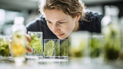 Scientist Examining Fern Leaf Within Test Tubes in Lab