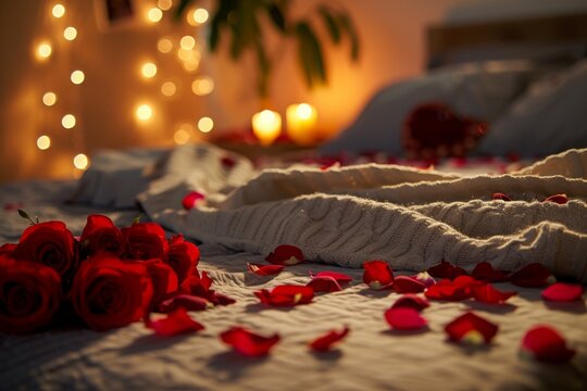 Red roses and rose petals on bed with candles and fairy lights visible