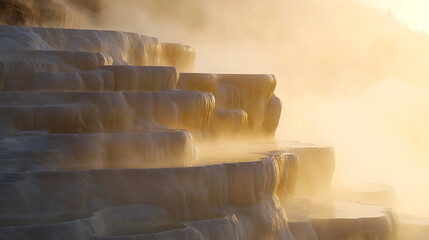 Fototapeta premium A breathtaking cascade of terraces bathed in warm golden sunlight, creating a serene and ethereal landscape. The soft mist adds an aura of mystery to the natural wonder.