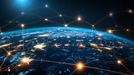 Global network connections over illuminated Earth at night, technology and communication