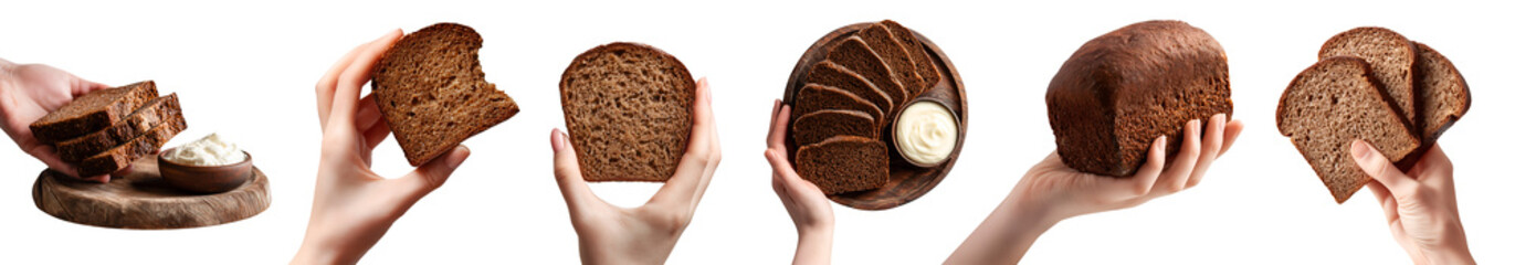 Set of hand holding Pumpernickel sourdough brown bread bun loaf slice, broken bitten stack pile, wooden serving board with cream cheese, transparent cutout PNG. Many different style. Mockup design