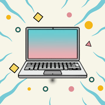 Halftone pop art dot laptop computer icon with colorful geometric shapes background, vector illustration