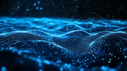 Futuristic Digital Wave with Blue Glowing Particles and 3D Mesh