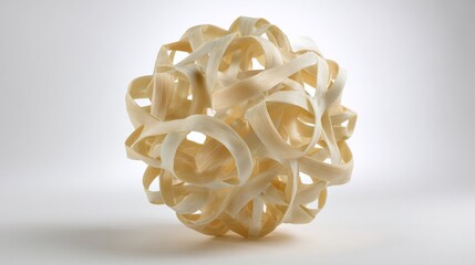 Tightly coiled wood shavings sphere on a plain background, soft light