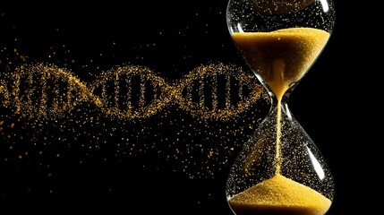 Time slips through an hourglass next to a shimmering DNA strand