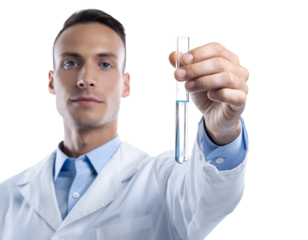Male Scientist in Lab Coat Holding a Test Tube Isolated 