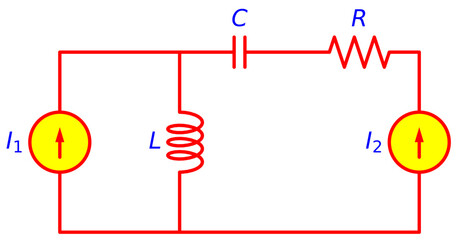 RLC Circuit Diagram with Series Capacitor, Shunt Inductor, Resistor and Dual Current Sources – Electrical Engineering Schematic for AC Analysis, Network Theory and Education