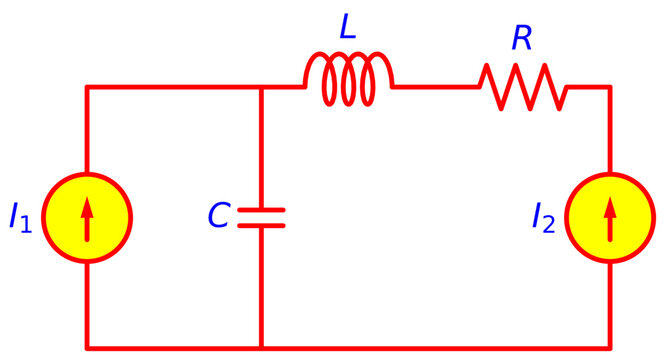 RLC Circuit Diagram with Inductor, Capacitor, Resistor and Dual Current Sources &ndash; Electrical Engineering Schematic for AC Analysis, Signal Processing and Education