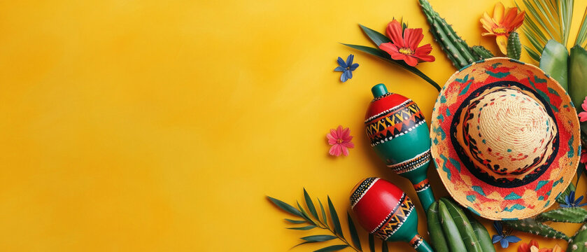 Bright Mexican accessories, flowers and cacti on a yellow background convey a festive atmosphere &mdash; perfect for invitations or as a themed backdrop for events.