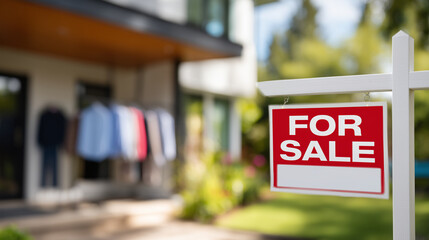 Close-up view of a for sale sign in front of a new property listing, blurred modern home in the background, shallow depth of field, bright optimistic lighting, housing availability