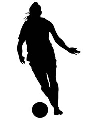Female soccer player dribbling a ball on the field.