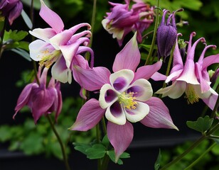 pink purple white columbine flowers with green leaves aquilegia pink flower