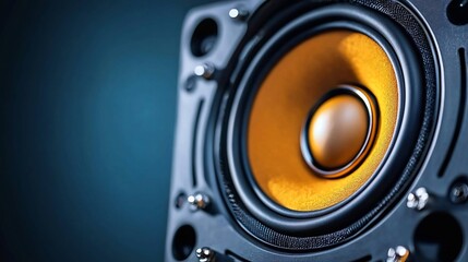 CloseUp of a HighEnd Audio Speaker with Golden Cone and Dark Blue Background.