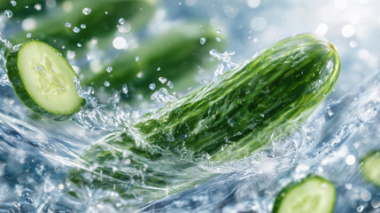 Dynamic splash scene featuring a whole cucumber plunging into water, translucent splash arcs and airborne cucumber slices, bright green hues against a light background, refreshing