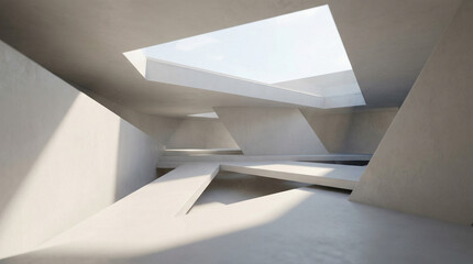 Obraz premium Modern Room Design Showcases Minimalist White Wall with Integrated Skylight, Illuminating Contemporary Interior Space in Abstract Architectural Shadow Play.